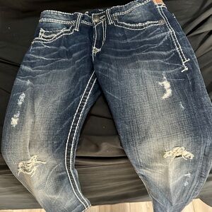 Men's Distressed Blue Jeans-Rivet de Cru jeans size 34x32